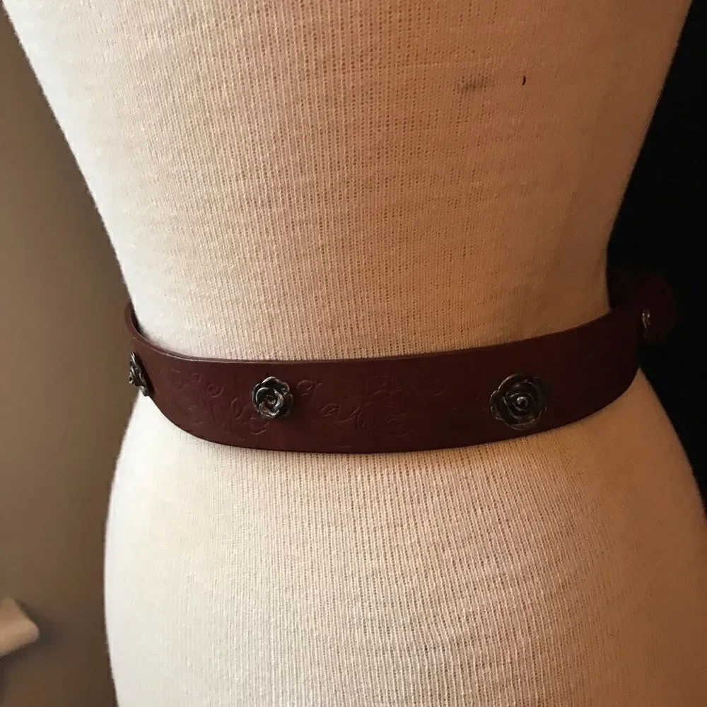 Leather Tack Belt with Silver Flowers and Embossed Leather